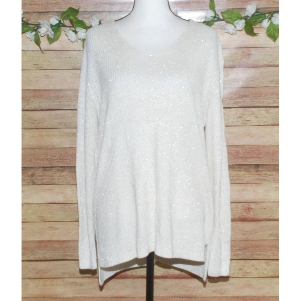 Chaps Cream Ivory Sweater Size 1X V-Neck Gold Metallic Stretch Closet Staple